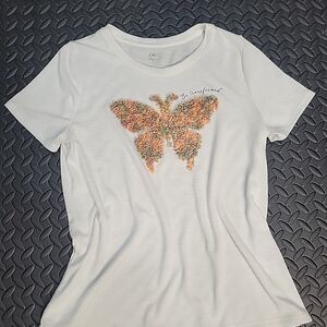 Cato White Tee with Orange Butterfly Design